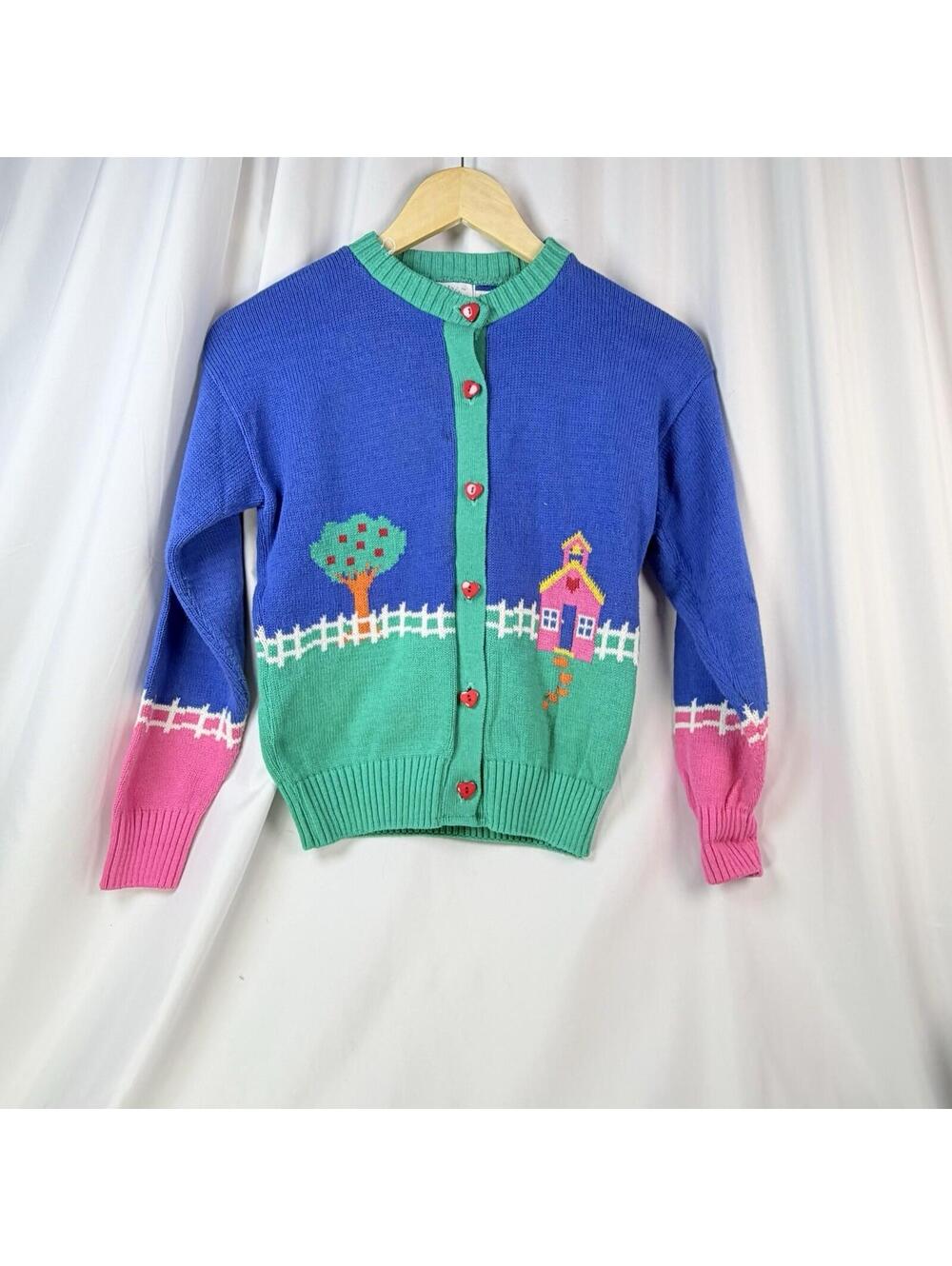 Vintage Hartstrings HeartButton Down Cardigan School House Scene Med Cottagecore